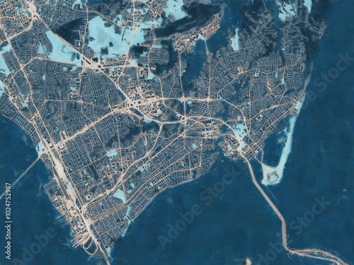 Painterly Style City Map of Hampton Virginia, USA in a Blue Color Scheme. photo