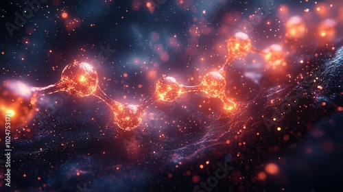 An abstract visualization of molecular structures glowing in vibrant orange and red colors against a dark background filled with particles. 