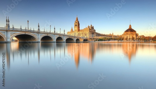 Scenic View of Plaza de Espana with Bridge and Canal Reflection at Sunrise, Seville, Spain