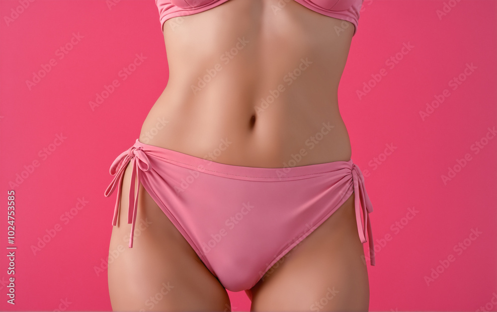Close-up shot of a slender female body in tight bikini panties. Slenderness, femininity. Fitness and body care. Close-up shot of a slender female body in tight bikini panties. Slenderness, femininity. Fitness and body care.