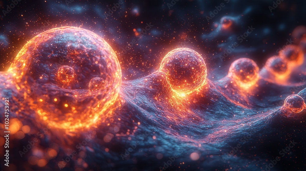 A digital illustration showing vibrant, glowing cellular structures in a dark background. The image is captivating and creative, highlighting the beauty of microscopic life forms. A digital illustration showing vibrant, glowing cellular structures in a dark background. The image is captivating and creative, highlighting the beauty of microscopic life forms.