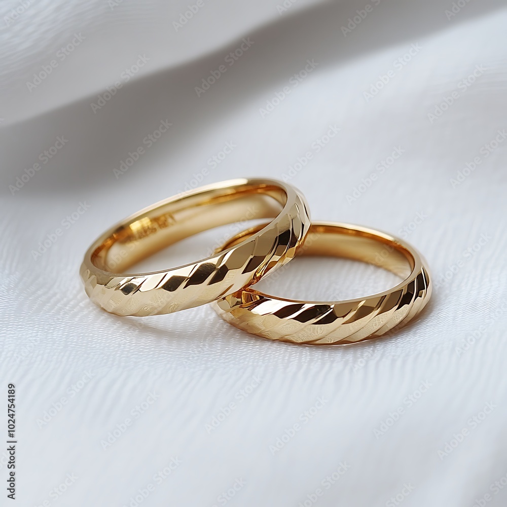 A pair of elegant gold wedding rings with a textured surface resting on a soft fabric. A pair of elegant gold wedding rings with a textured surface resting on a soft fabric.