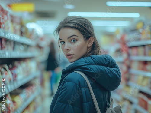 dramatic scene of a woman stealthily stealing from a supermarket, capturing the tension and social issues around retail shoplifting in a thought-provoking portrayal