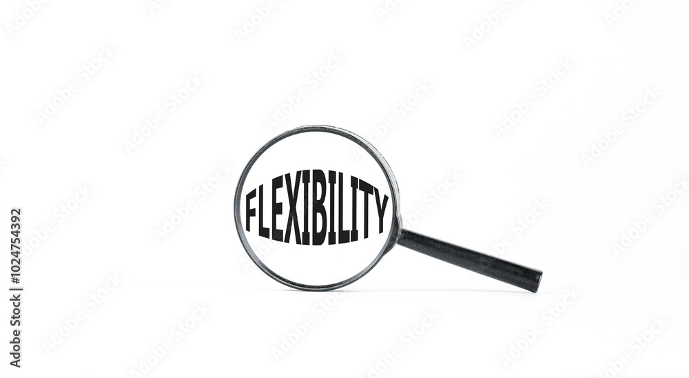 Flexibility symbol. Concept word Flexibility in beautiful magnifying glass. Beautiful white paper background. Business flexibility concept. Copy space. Flexibility symbol. Concept word Flexibility in beautiful magnifying glass. Beautiful white paper background. Business flexibility concept. Copy space.