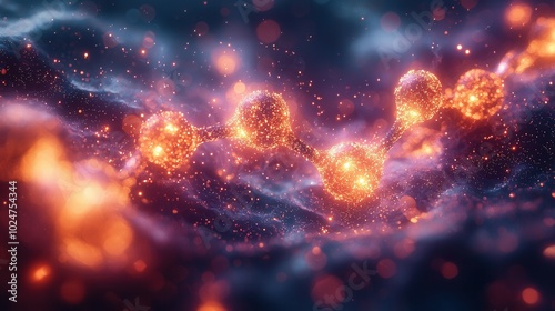 An abstract representation of molecules in a cosmic setting, showcasing vibrant colors and glowing particles against a dark background.