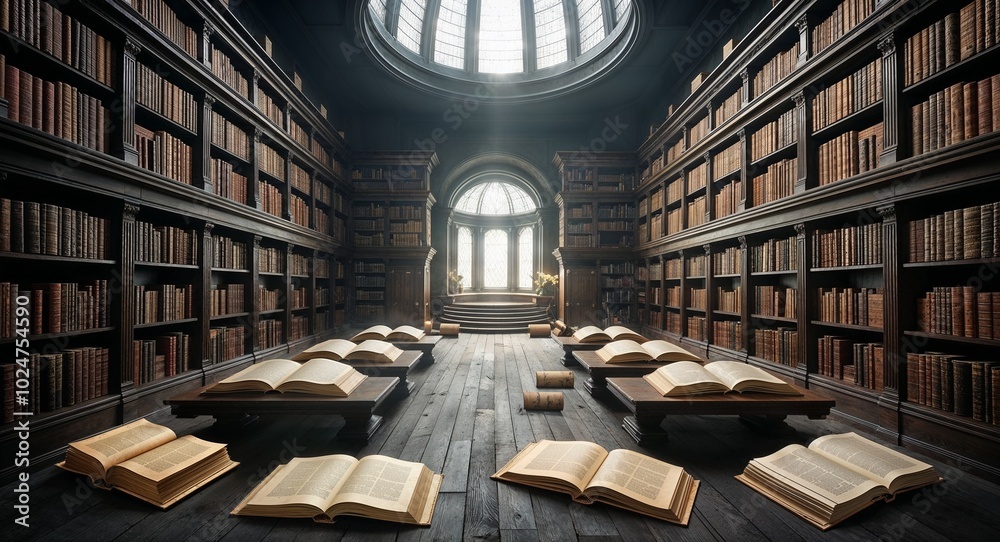 Magical library with floating books and scrolls containing the knowledge of the universe Magical library with floating books and scrolls containing the knowledge of the universe