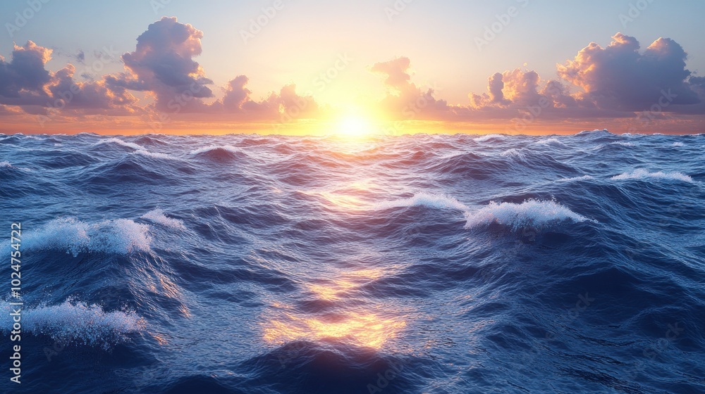 Serene ocean waves at sunset, reflecting vibrant colors in the sky. Serene ocean waves at sunset, reflecting vibrant colors in the sky.