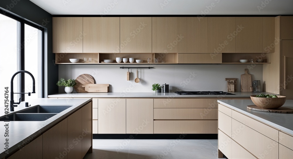 Minimalist kitchen with sleek cabinetry natural materials and a functional layout Minimalist kitchen with sleek cabinetry natural materials and a functional layout