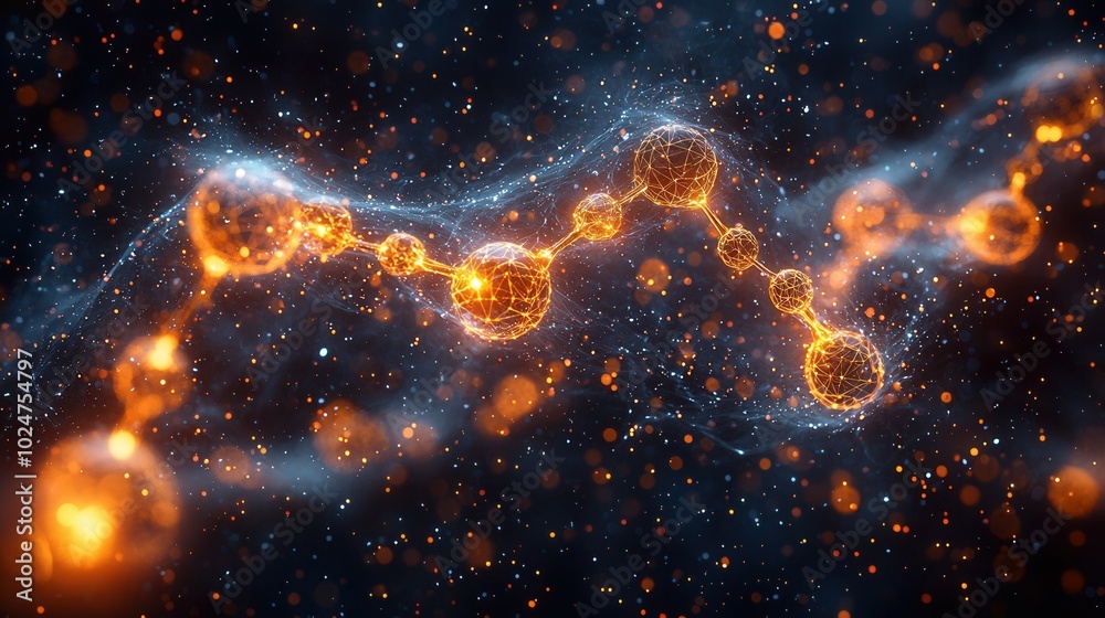 An abstract representation of molecular structures in a cosmic setting, featuring glowing particles and intricate connections. A mesmerizing view of science and beauty. An abstract representation of molecular structures in a cosmic setting, featuring glowing particles and intricate connections. A mesmerizing view of science and beauty.