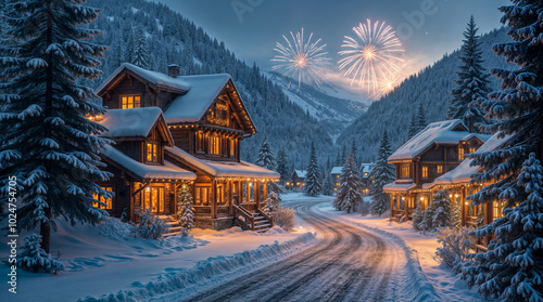 Snowy mountain village scene with several houses, a winding road, and a sky filled with fireworks.