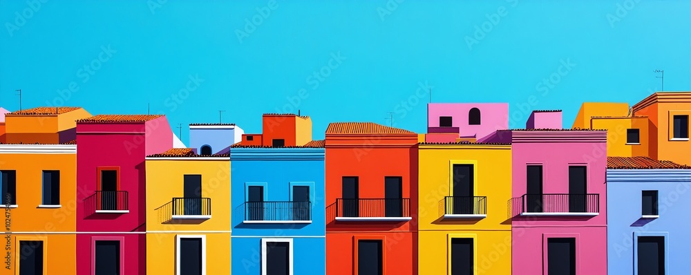 Colorful row of painted buildings under a bright blue sky.