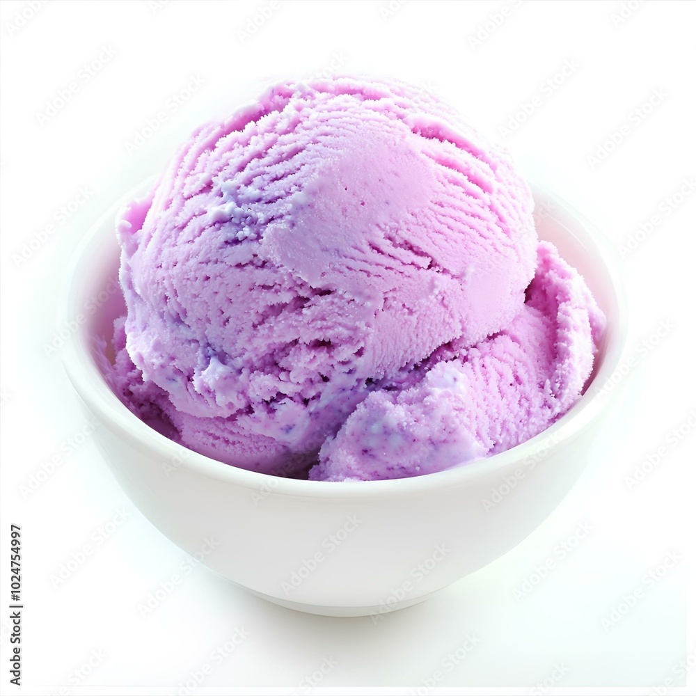 Lavender ice cream scoop in white bowl, sweet frozen treat. Lavender ice cream scoop in white bowl, sweet frozen treat.