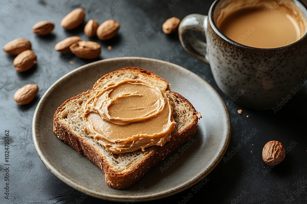 A slice of bread topped with peanut butter beside a cup of coffee and scattered almonds. A slice of bread topped with peanut butter beside a cup of coffee and scattered almonds.