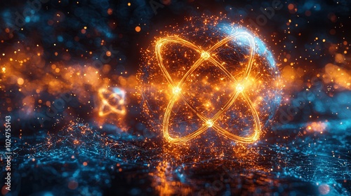 This image displays a visually stunning 3D representation of an atom with glowing particles and vibrant colors, creating a sense of depth and motion. photo