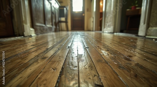 This image beautifully captures the intricate details of a polished wooden hallway floor in a cozy, well-lit home interior