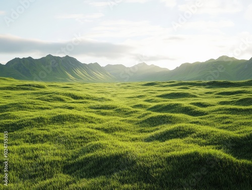 Expansive Green Meadow with Rolling Hills and a Distant Mountain Range Under a Clear Blue Sky