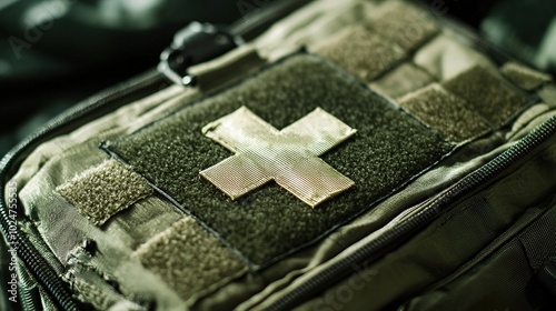 A close-up of a green tactical pouch with a prominent medical cross emblem, designed for first aid and emergency responsiveness. photo