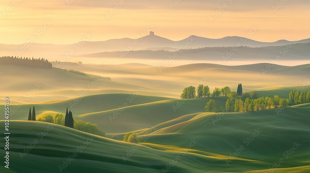 Rolling hills bathed in golden light at sunset, showcasing the beauty of the landscape in a tranquil setting Rolling hills bathed in golden light at sunset, showcasing the beauty of the landscape in a tranquil setting