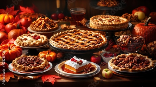 Assorted Autumn Pies on Wooden Table