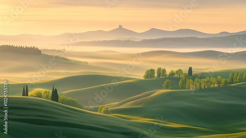 Rolling hills bathed in golden light at sunset, showcasing the beauty of the landscape in a tranquil setting