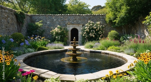 Secret garden hidden behind a stone wall filled with rare flowers and tranquil fountains