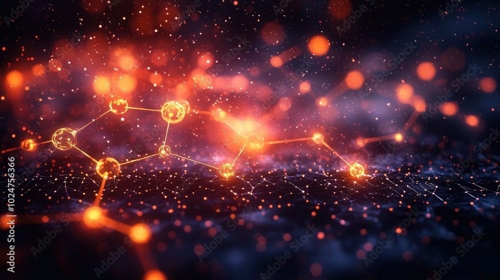 Fototapeta premium An abstract visualization of a molecular structure illuminated with orange particles against a blurred dark background, showcasing creativity and depth.