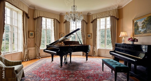 Spacious living room with a grand piano large windows and elegant drapes photo