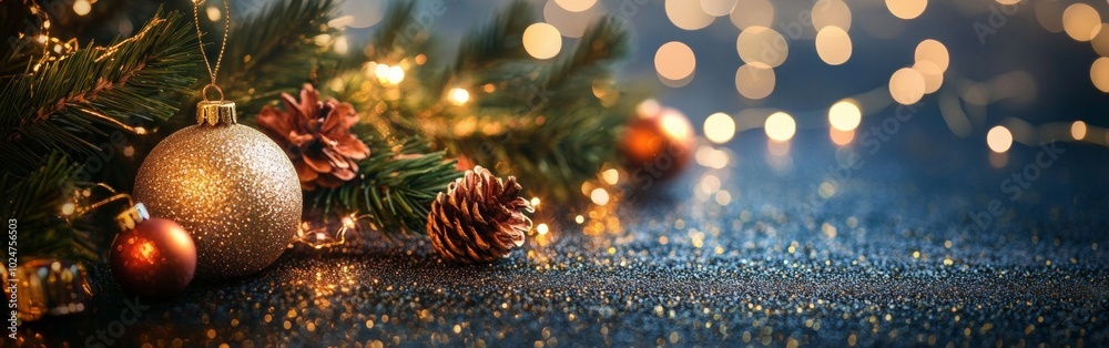 A festive arrangement of Christmas ornaments, pine cones, and greenery with warm lights, creating a cheerful holiday atmosphere. With copy space for text. Wide web banner. A festive arrangement of Christmas ornaments, pine cones, and greenery with warm lights, creating a cheerful holiday atmosphere. With copy space for text. Wide web banner.