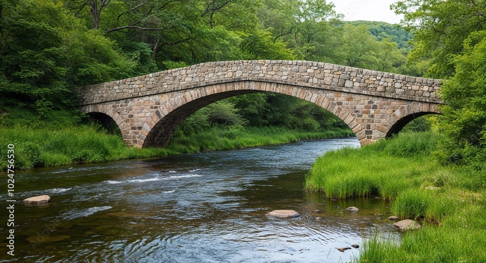 Stone bridge over a river surrounded by lush greenery and gentle ripples in the water Stone bridge over a river surrounded by lush greenery and gentle ripples in the water