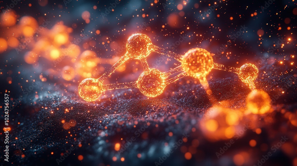 A close-up view of glowing molecular structures with bright particles resembling atoms. This abstract illustration showcases the beauty of scientific concepts in a creative manner. A close-up view of glowing molecular structures with bright particles resembling atoms. This abstract illustration showcases the beauty of scientific concepts in a creative manner.