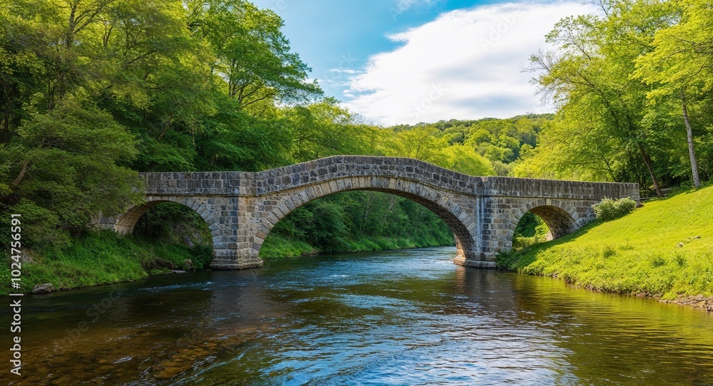 Stone bridge over a river surrounded by lush greenery and gentle ripples in the water Stone bridge over a river surrounded by lush greenery and gentle ripples in the water