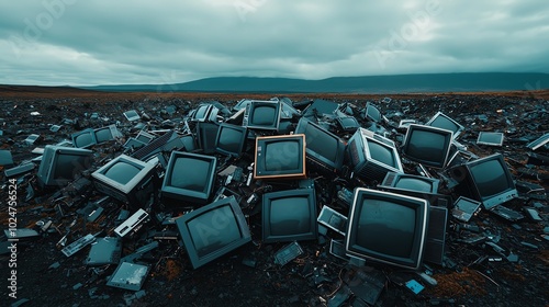 Discarded vintage televisions piled on a desolate landscape under a cloudy sky.
