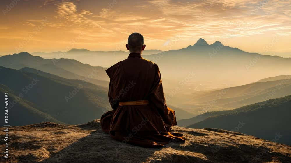 Tranquility on the Mountaintop: A lone Buddhist monk finds peace and serenity amidst the breathtaking beauty of a mountain range bathed in the golden light of sunrise. Tranquility on the Mountaintop: A lone Buddhist monk finds peace and serenity amidst the breathtaking beauty of a mountain range bathed in the golden light of sunrise.
