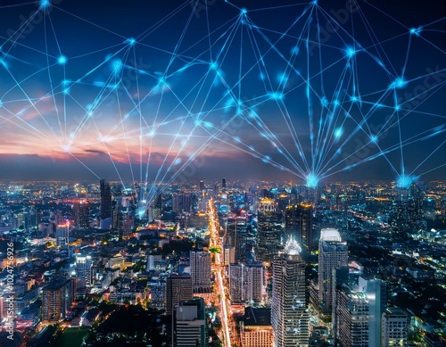 banner smart city dot point connect with gradient line connection technology metaverse concept bangkok city background at night with big data in thailand panorama view