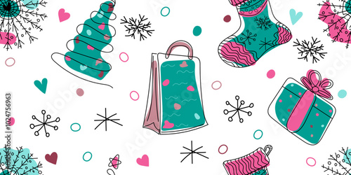Christmas seamless pattern: snowflake, gift box, package, stocking for gifts, christmas tree. Colorful doodle vector hand-drawn illustration made in green and pink colors on white decor background	