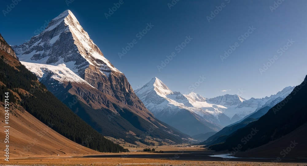 Fototapeta premium Towering mountains with snow capped peaks piercing the sky and a serene valley below