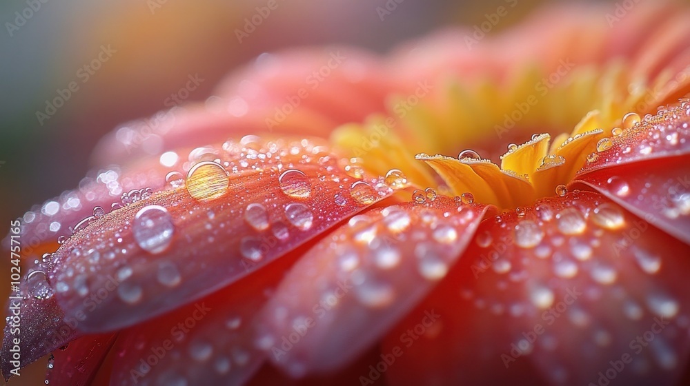 Close-up of a flower with water droplets glistening on petals. Close-up of a flower with water droplets glistening on petals.