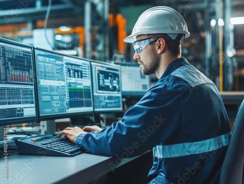 engineer operator using scada system, engaged with multiple monitors displaying real-time data, emphasizing the technological sophistication in industrial management and control systems