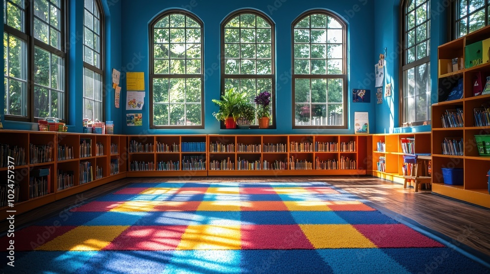 Obraz premium Bright children's library with colorful carpet and bookshelves.