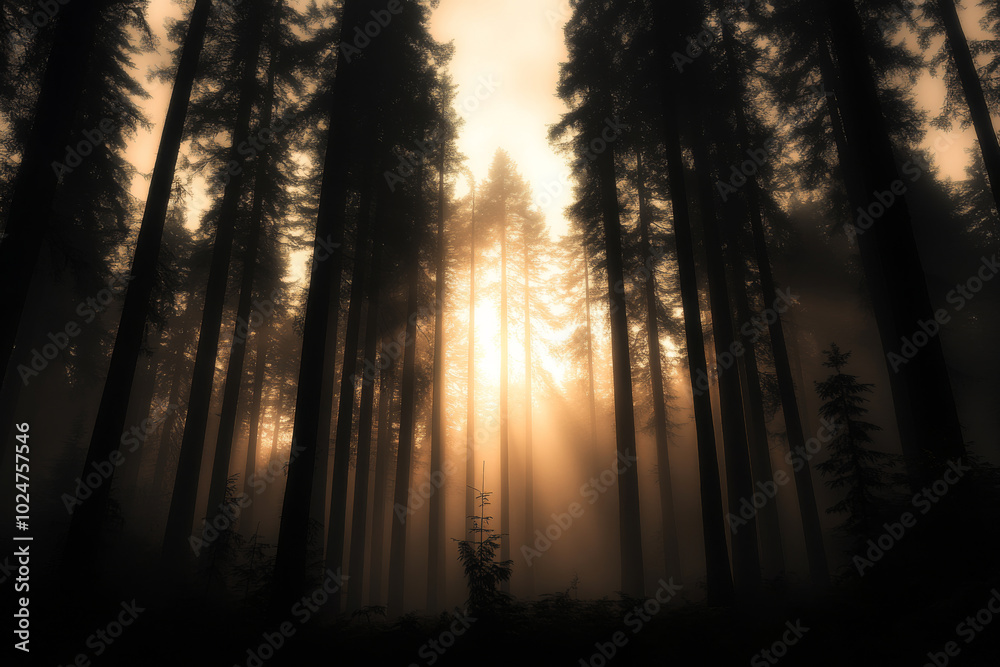 Sunlight streaming through tall trees in a misty forest during early morning hours Sunlight streaming through tall trees in a misty forest during early morning hours