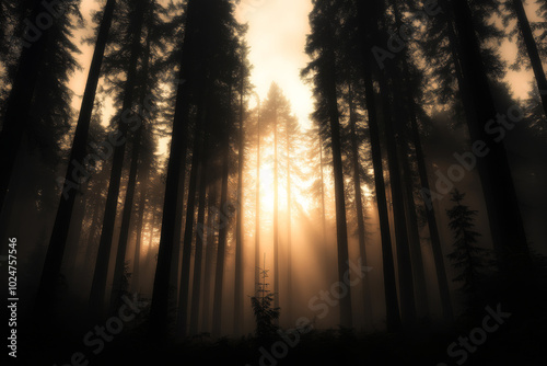 Sunlight streaming through tall trees in a misty forest during early morning hours