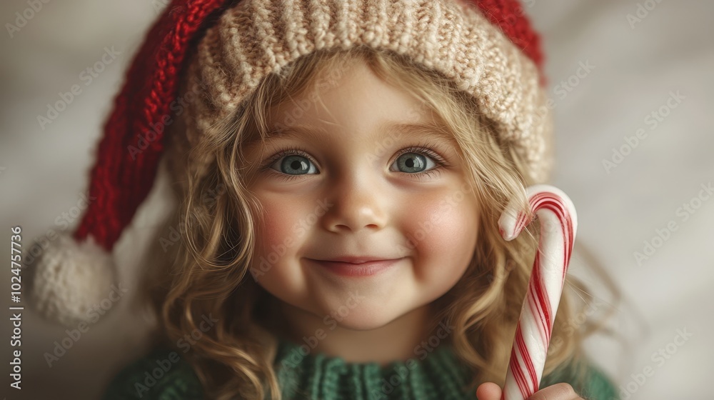 A toddler dressed in a Christmas elf costume, excitedly holding a candy cane, isolated on white background. A toddler dressed in a Christmas elf costume, excitedly holding a candy cane, isolated on white background.