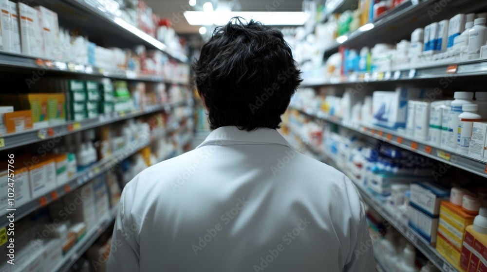 Pharmacist in white coat in pharmacy aisle for healthcare and medicine Pharmacist in white coat in pharmacy aisle for healthcare and medicine