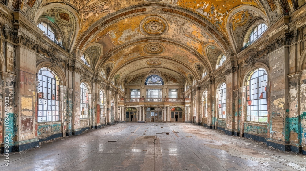 Obraz premium The image showcases a beautifully decayed, grandiose hall of an abandoned building with intricate architectural details and peeling paint on the walls