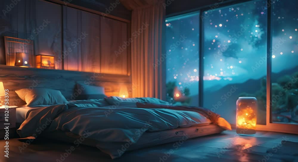 Cozy Bedroom with Night Sky View and Warm Lighting Cozy Bedroom with Night Sky View and Warm Lighting
