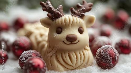 A traditional marzipan figurine shaped like a Christmas animal, isolated on white background.  photo