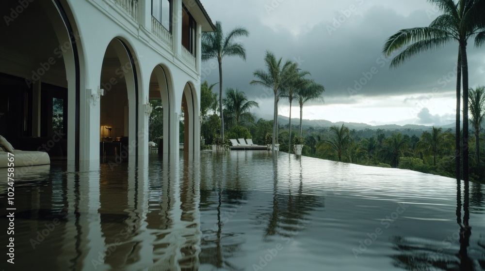 Obraz premium Luxurious tropical mansion with infinity pool overlooking scenic landscape for real estate and travel design