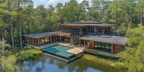 A modern wooden house with large windows and a swimming pool, set in a serene forested area next to a small pond, showcasing luxury and tranquility