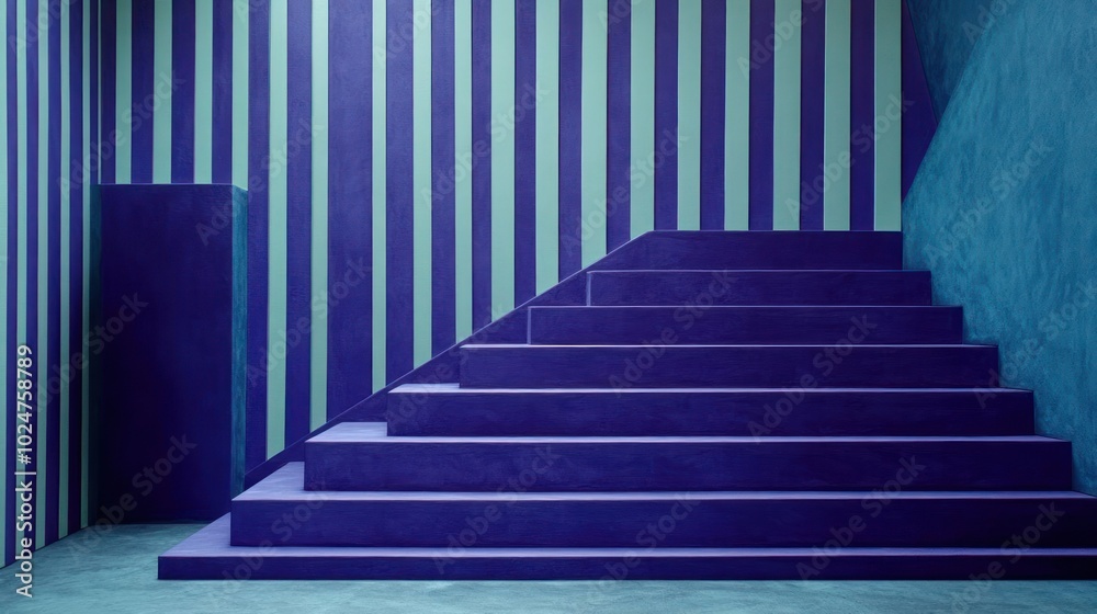 A modern interior featuring striped walls and a stylized staircase. A modern interior featuring striped walls and a stylized staircase.