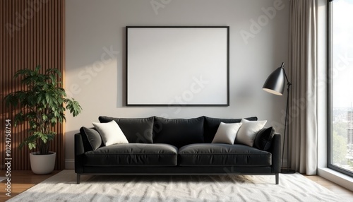 minimalistic interrior desighn with black sofa and blank canvas mockup on a wall. A 3D render of a minimalist living room with a black velvet sofa, a potted plant, and a large square picture frame on  photo